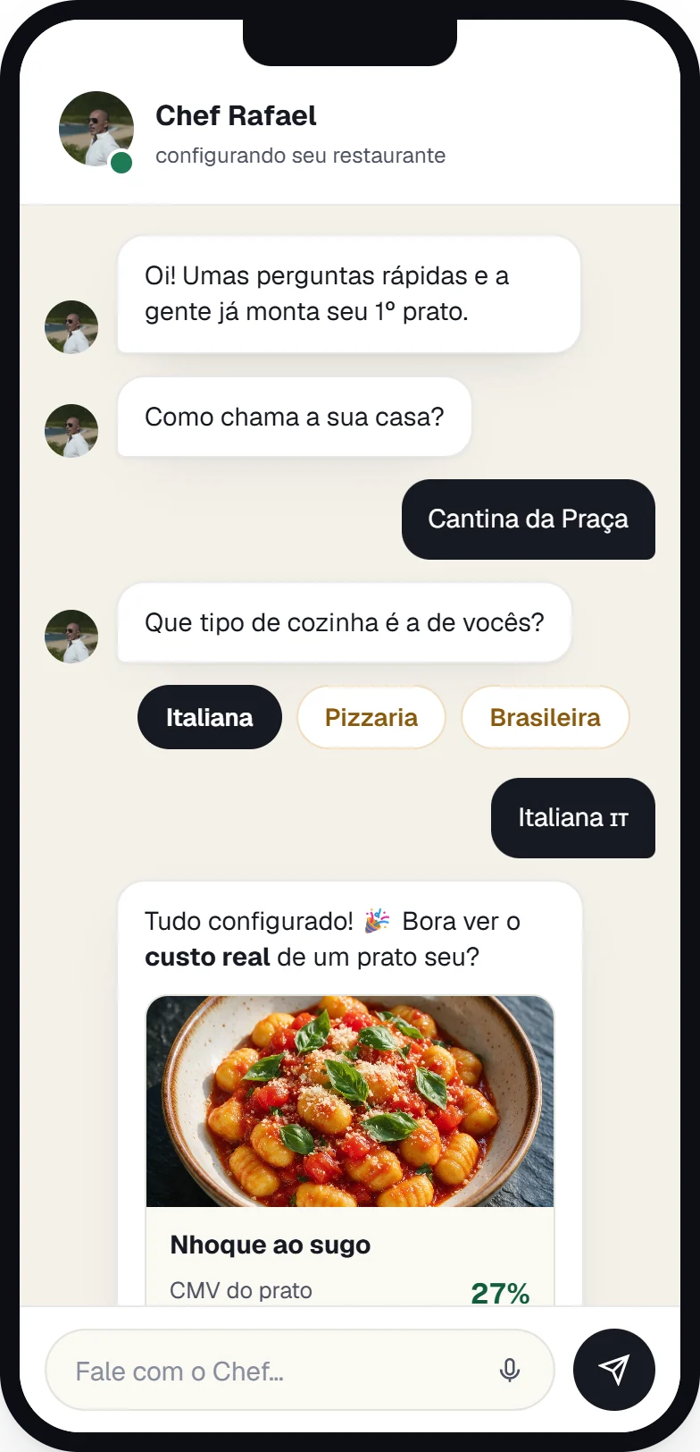 Conversa com o Chef, o copiloto de IA, configurando o restaurante e mostrando o custo real de um prato