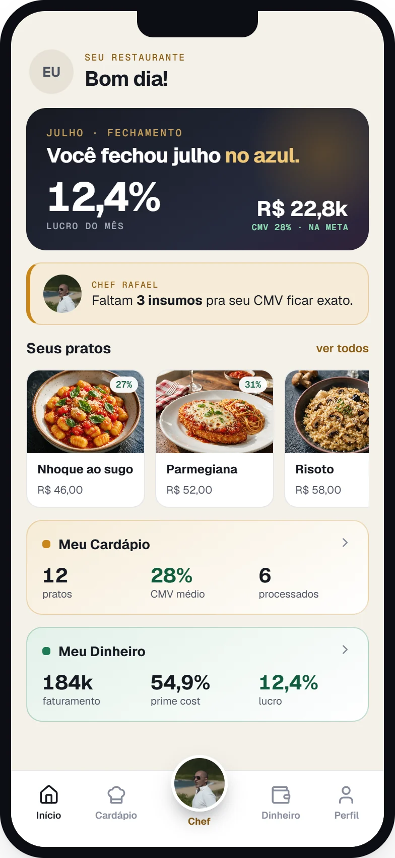 Tela inicial do Gestor de Bolso no celular com lucro do mês, pratos e custo